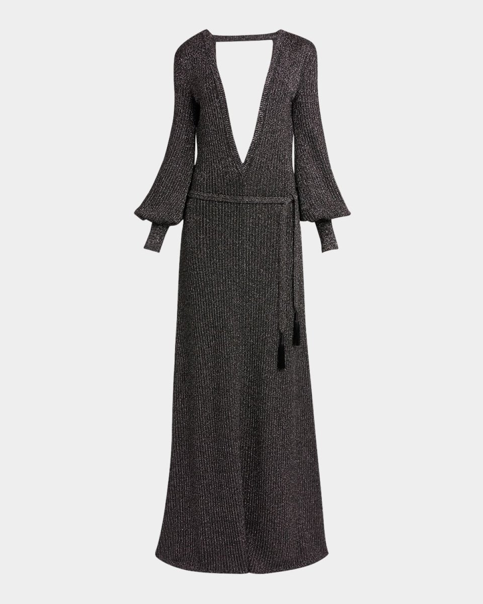 Plunging Vanise Metallic Rib Backless Maxi Dress